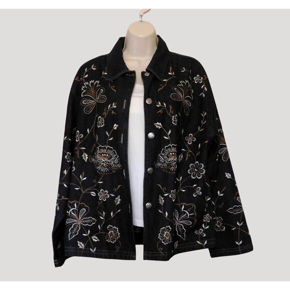 New Direction Jackets & Blazers - New Direction Embroidered Denim  Jacket Large Black Floral Beaded Metal Buttons